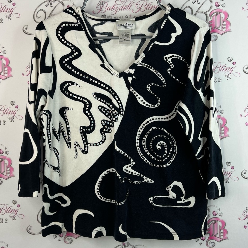 Bellissima beaded sequins sparkly Black and White Abstract Women's Blouse